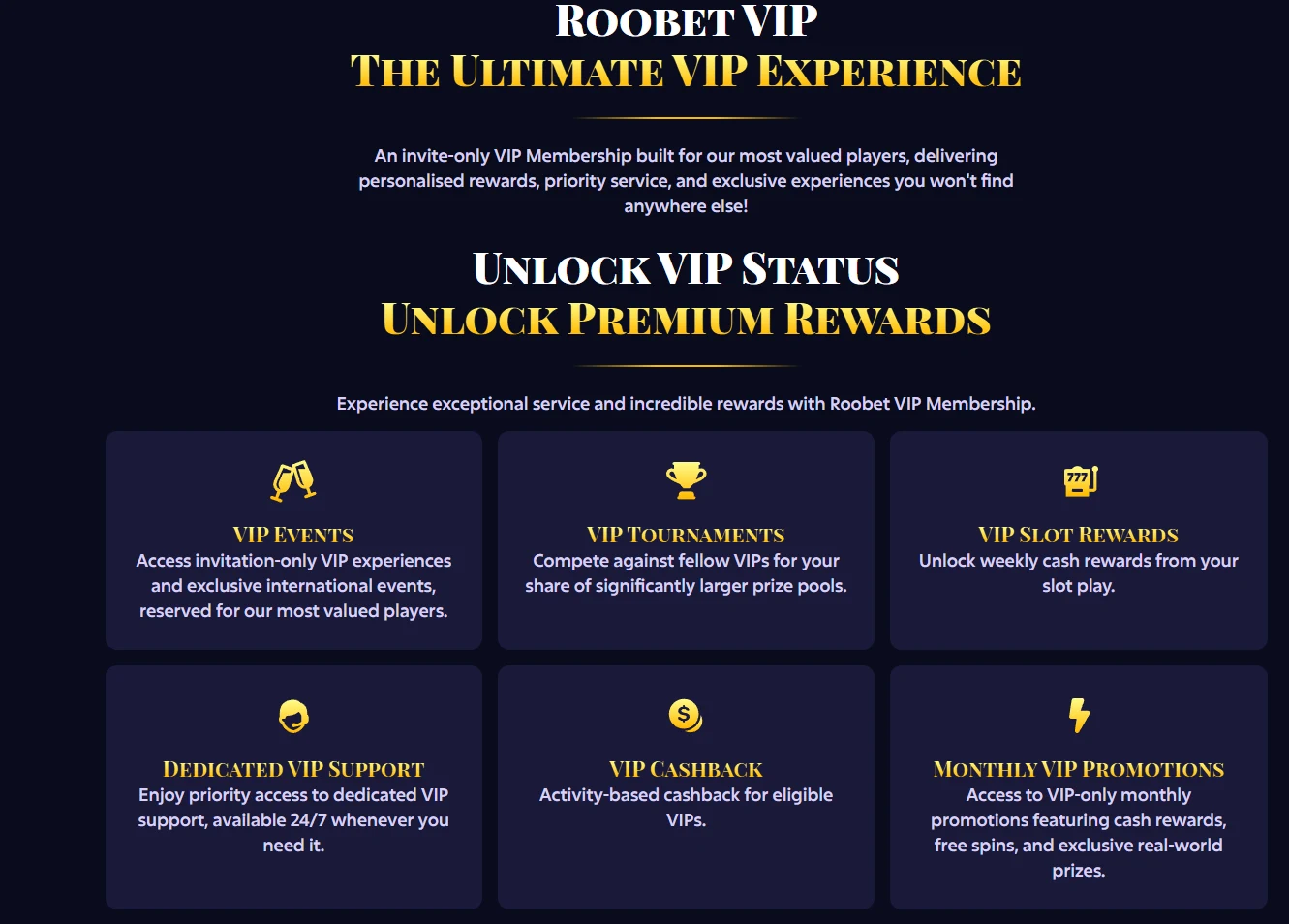 Roobet VIP Club page describing an invite-only membership, with six benefit cards covering events, tournaments, slot rewards, dedicated support, cashback and monthly promotions