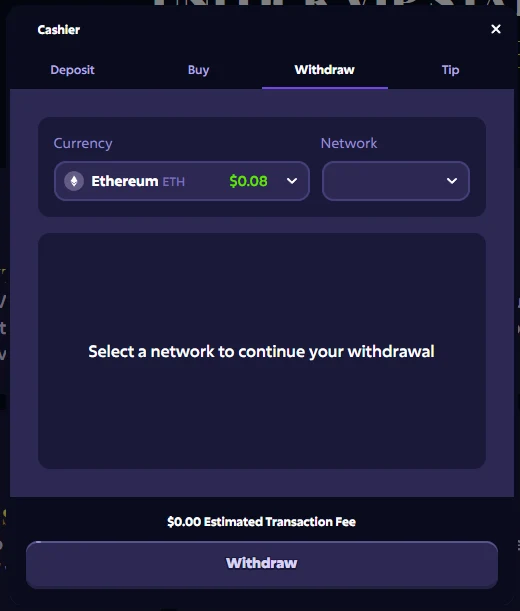 Roobet Cashier modal on the Withdraw tab with a currency dropdown showing Ethereum and its balance, an empty network dropdown, and a message asking to select a network to continue