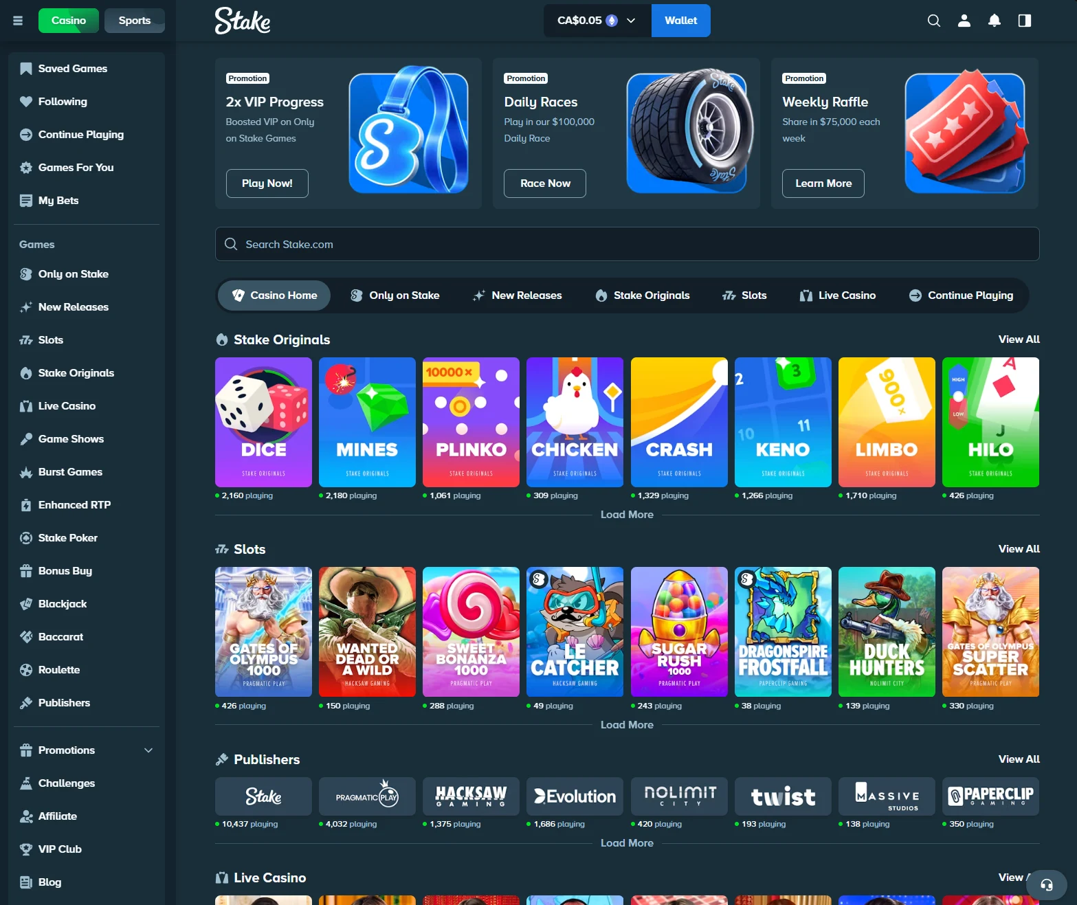 Stake casino lobby with promotion cards for VIP progress, daily races and the weekly raffle above a tabbed game index