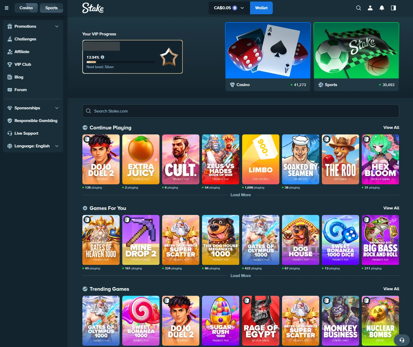 Stake logged-in homepage with a VIP progress bar, Casino and Sports tiles and rails of games with live player counts