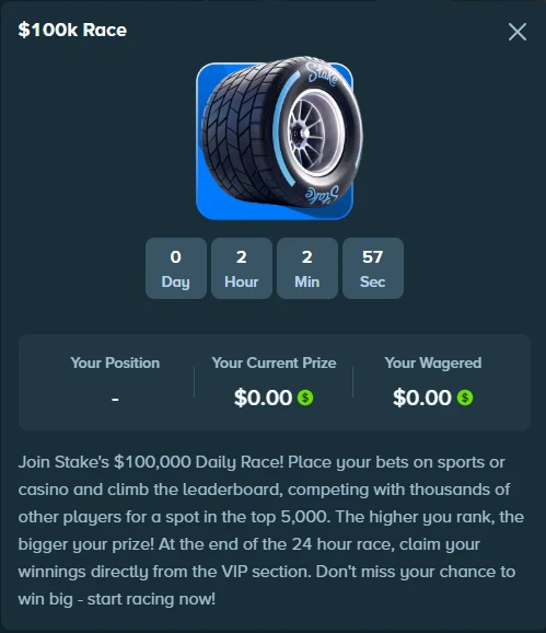 Stake daily race panel with a countdown and fields for position, current prize and amount wagered in the current race