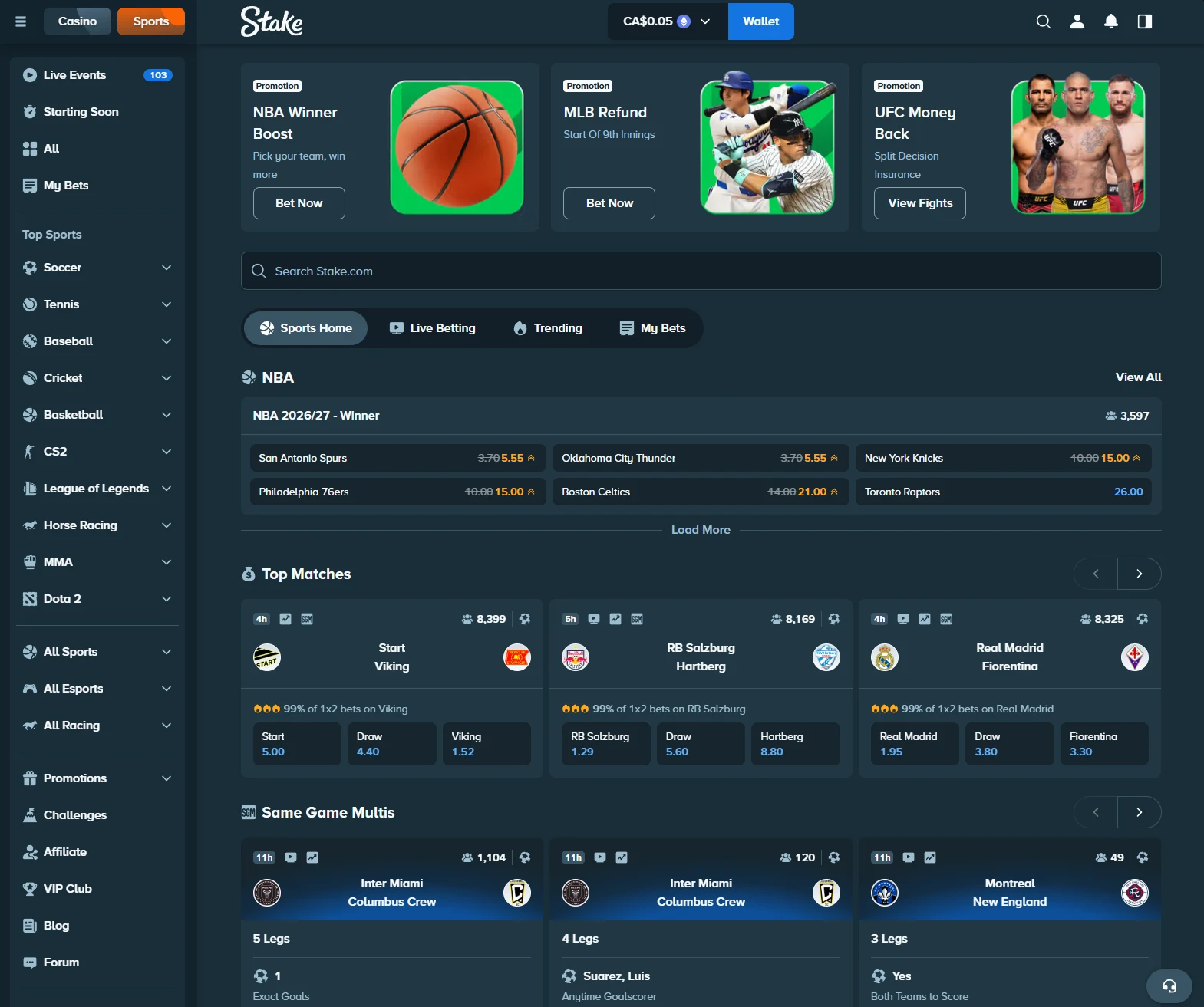 Stake sportsbook with promotion cards, an NBA outright market, top matches with 1x2 odds and prebuilt same game multis