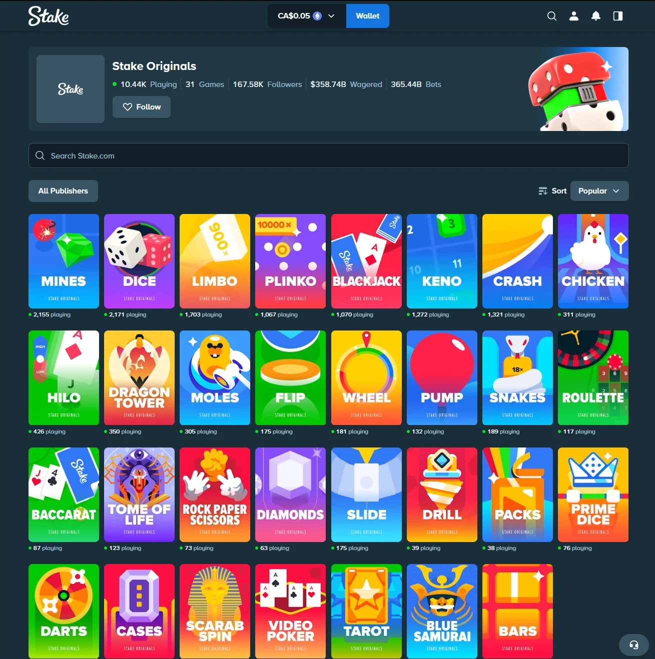 Stake Originals publisher page showing 31 in-house games with concurrent player counts and lifetime wagered totals