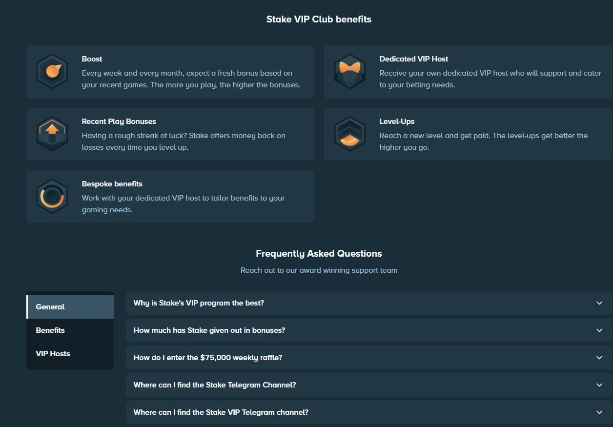 Stake VIP Club benefits page describing boost, recent play bonuses, dedicated VIP host, level-ups and bespoke benefits