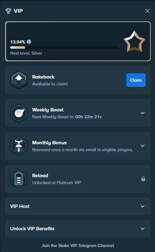 Stake VIP panel listing rakeback with a claim button, a weekly boost countdown, the monthly bonus and a locked reload row