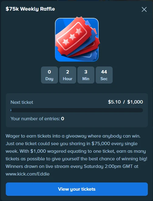 Stake weekly raffle panel with a countdown, a next-ticket progress bar at $5.10 of $1,000 and an entry counter